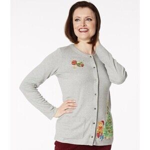 QUAKER FACTORY Embellished Christmas Gray Snap Front Sweatshirt 2X Holiday Tree